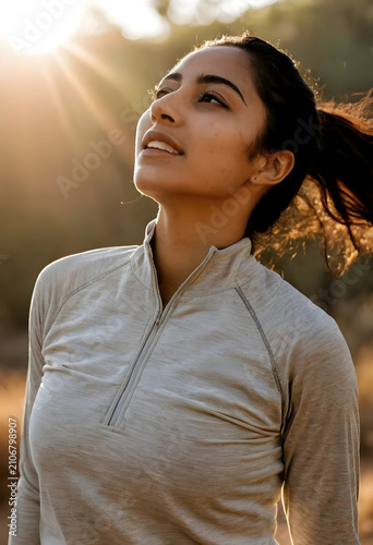 Young woman looking up with...
