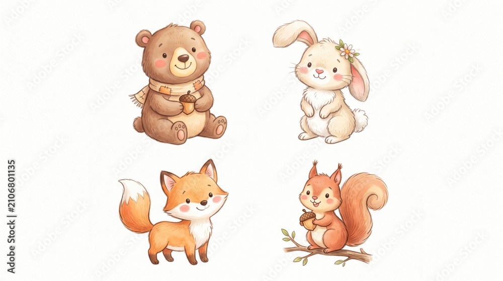 Obraz premium Four Cartoon Animals Holding Acorns on White Background