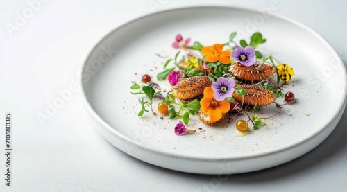 Delicate gourmet plate with caramelized medallions, edible pansy flowers, microgreens and golden sauce droplets on a white ceramic plate — elegant, fresh and artful
