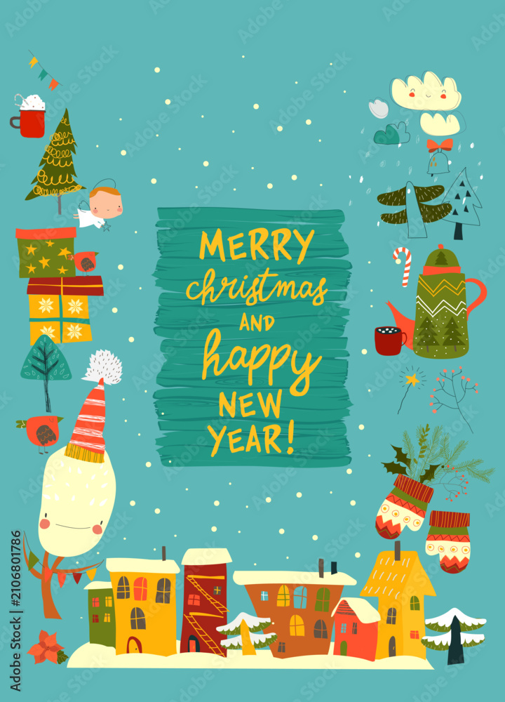 Obraz premium Cute Cartoon Frame With Christmas Elements