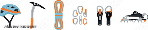 Foto Mountaineering and Ice Climbing Gear Vector Icon Set Featuring Safety Helmet Ice