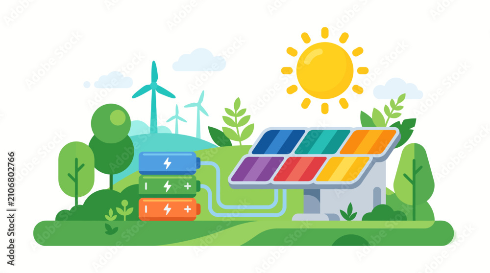 Fototapeta premium Renewable Energy Concept with Solar Panel and Wind Turbines Generating Clean Power.