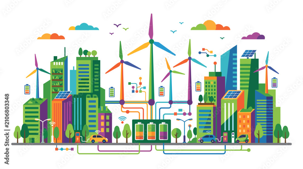 Fototapeta premium Sustainable city with wind turbines and green energy solutions.