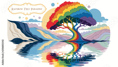 Canvastavla Very beautiful realistic vector illustration of a RAINBOW TREE LAKESIDE LANDSCAP