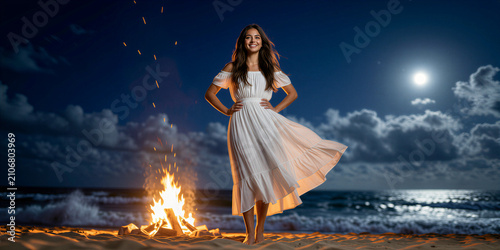Slim young woman with dark hair wearing a flowing white off-shoulder dress standing on a sandy beach at night with a campfire and ocean behind her.