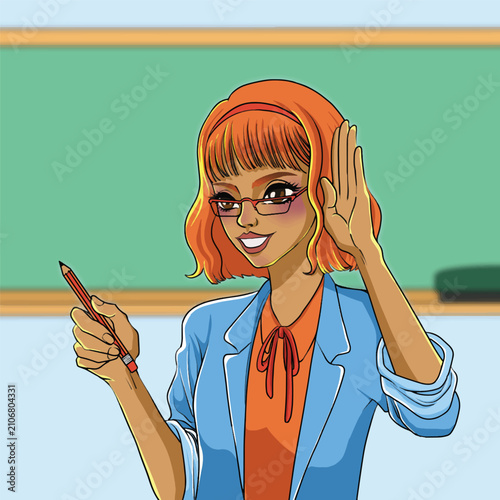 Female Teacher Listening in Classroom Cartoon Character Vector Illustration