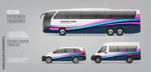 Passenger transport branding mockup vector with bus, minibus and passenger car. Editable vehicle wrap template for fleet graphics, transport advertising, corporate identity and vinyl decal design