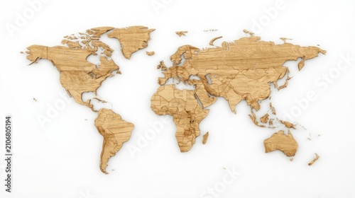 Detailed wooden world map wall art in modern interior with natural texture and earthy tones
