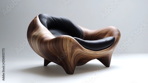 Modern sculpted wooden armchair with black leather cushions.