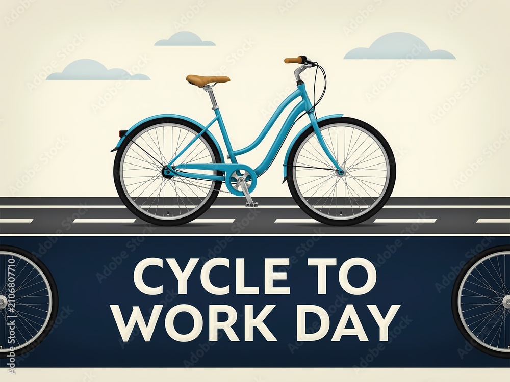 Fototapeta premium Graphic illustration promoting cycle to work day with a blue bicycle on a road against a neutral background