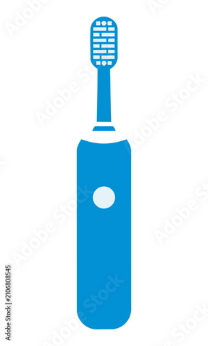 Minimalist blue and white electric toothbrush isolated on a white background, representing a modern oral health and dental hygiene concept