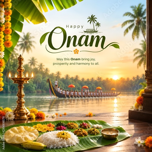 Happy onam greeting card featuring traditional boat race and flower arrangement festival pookalam celebration tradition greeting background