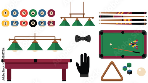 Quadro su tela Billiards equipment set with pool table numbered balls cues lamps and triangular rack art