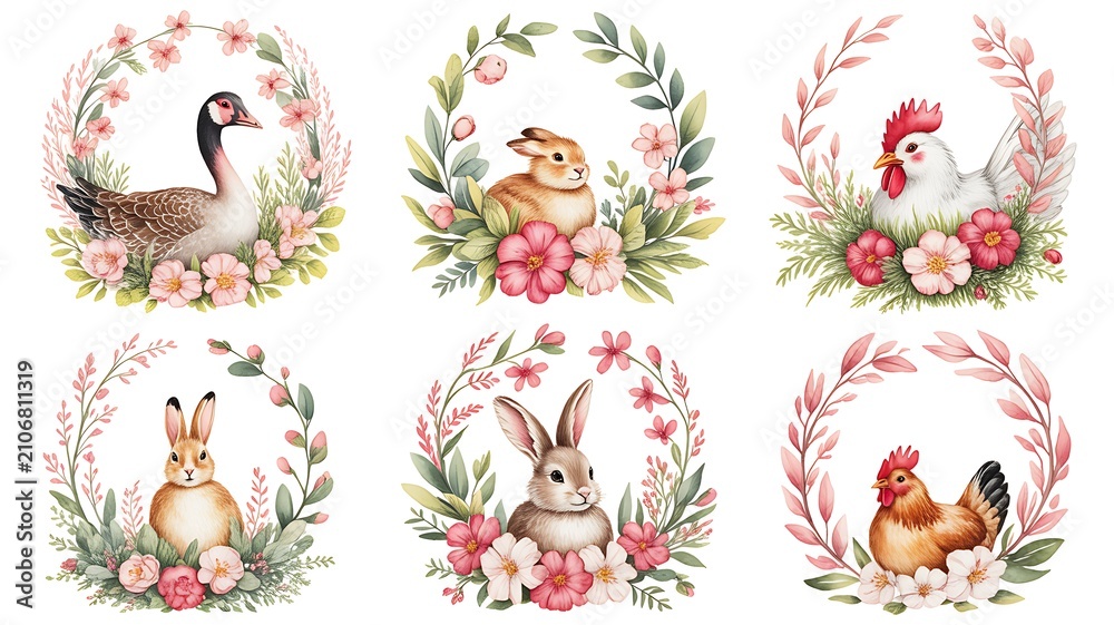 Naklejka premium Watercolor whimsical Wreaths set with hand painted goose, rabbit, chickens, pink and red flowers. Spring Frame perfect for greeting cards, invitation, easter designs.