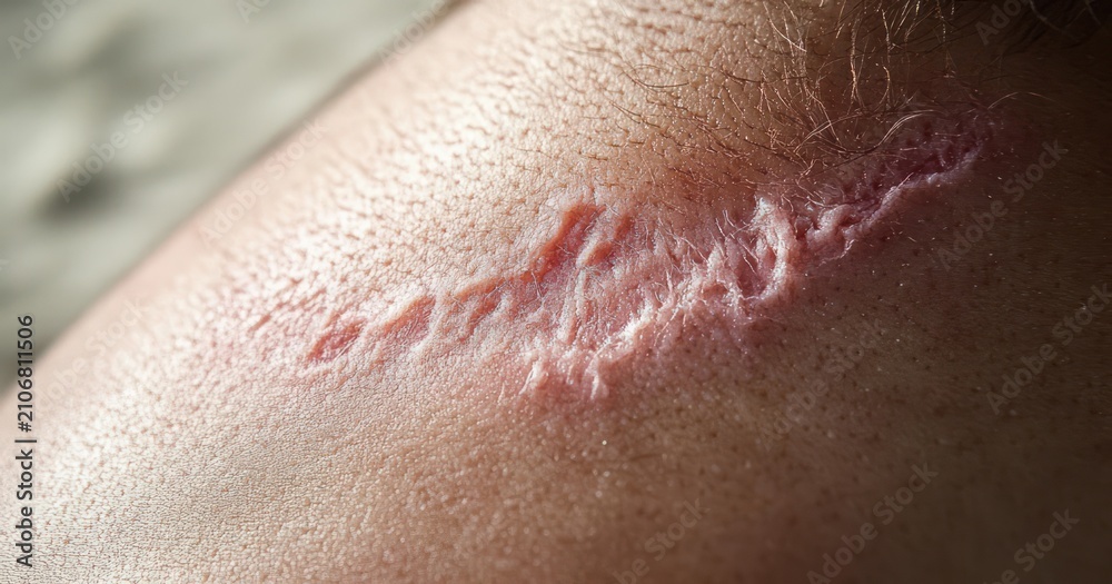 Fototapeta premium close-up of a raised pink healing scar on sunlit shoulder skin, textured and resilient