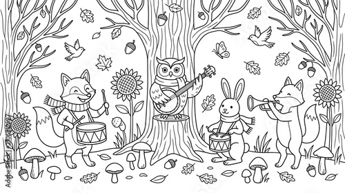 Woodland animals playing musical instruments in forest during autumn season coloring page.