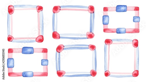 Whimsical watercolor background frames set with light blue stripes, red and blue rectangles. Perfect for backgrounds, stationery, packaging, Valentine's Day 