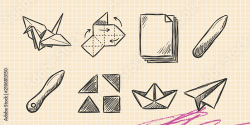 Hand drawn vintage black ink scribble doodle vector set of origami paper crafts and folding icons for creative graphic design