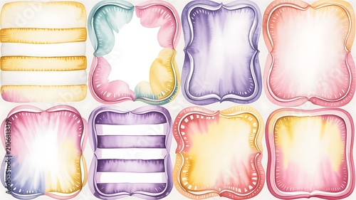 Whimsical watercolor background frames set with light yellow, violet stripes and pink diamond pattern. Perfect for backgrounds, stationery, packaging, Valentine's Day  