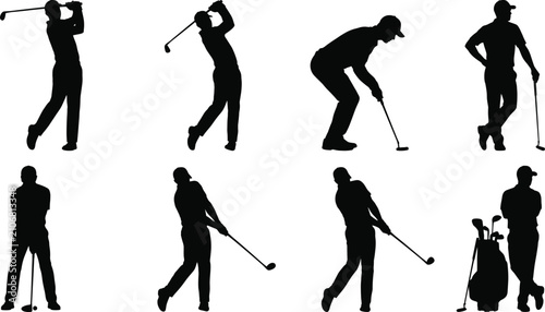 Foto Golf player silhouette collection, professional athlete icons, sports action, swinging, putting, hitting, driving, tournament competition, championship match, athletic exercise