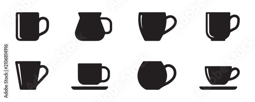 Set of various coffee mugs and ceramic cups silhouettes for cafe menu branding design isolated on grid.