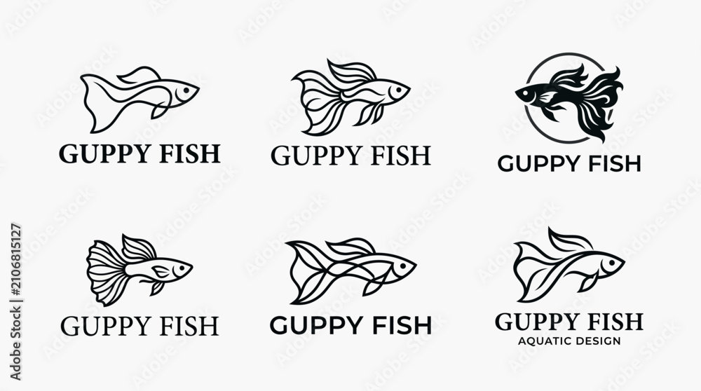 Obraz premium Collection of Six Minimalist Guppy Fish Logos and Icons, Black and White Vector Art for Aquatic Design