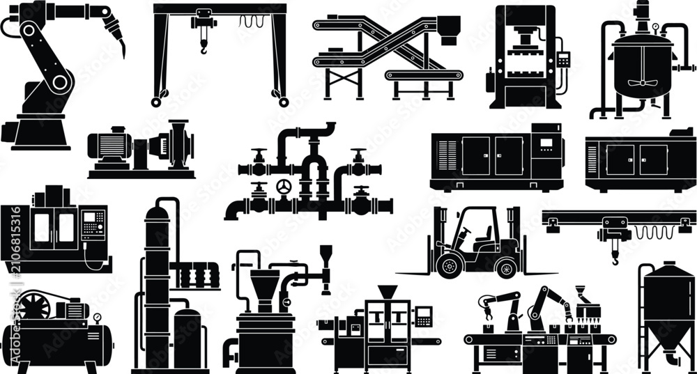 Obraz premium Vector collection of industrial machinery silhouette icons including robotic arms, conveyor systems, pumps, valves, tanks, forklifts, and assembly lines