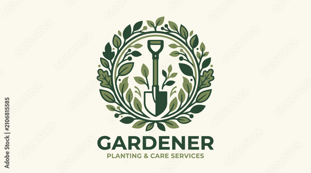 Obraz premium Gardener Planting & Care Services Logo: Shovel and Greenery Emblem