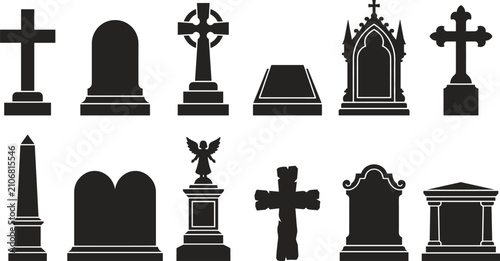 Obraz na płótnie Gravestone and headstone silhouettes featuring christian crosses, obelisk, angel