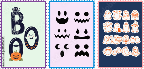 Bild auf Leinwand Helloween spooky stickers boo ghosts jack o' lanterns and cute monster halloween