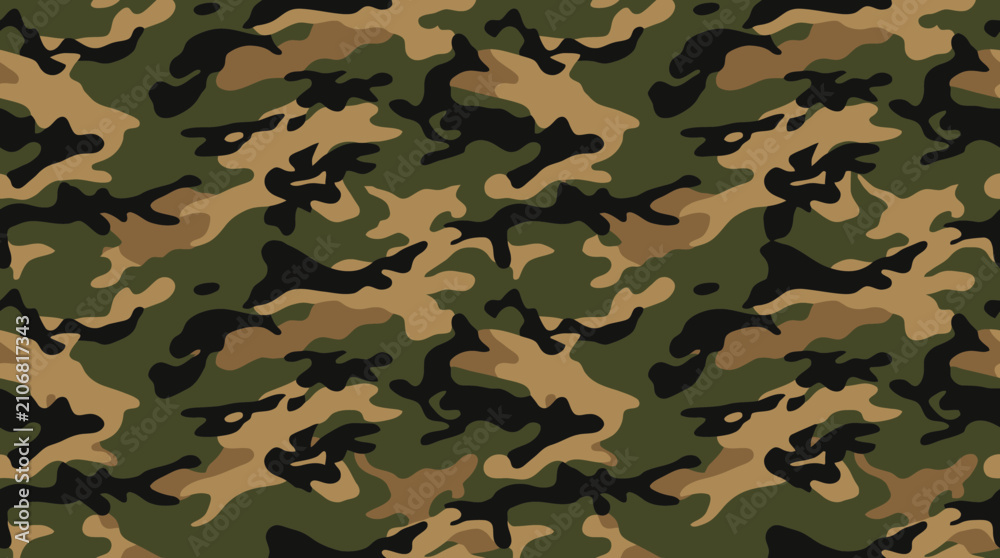 Fototapeta premium Seamless Woodland Camouflage Pattern - Military Green, Brown, and Black Abstract Texture
