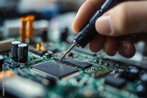 close-up of a hand using a precision probe on a microchip and circuit board conveying focused careful electronics testing and repair