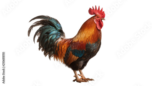 Foto Isolated vibrant rooster standing proud farm bird with beautiful colorful plumag