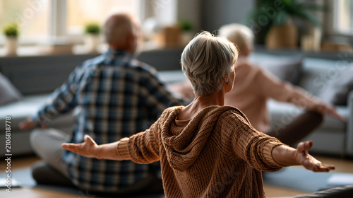 Practicing gentle stretches together at home, a senior couple follow a simple yoga routine in a spacious living room, photographed from behind, active aging, mobility, relationship