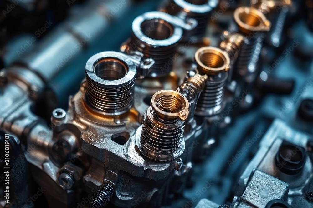Fototapeta premium close-up of metallic engine cylinder head with exposed valve springs, threaded ports, bolts and oil sheen conveying precise industrial mechanics