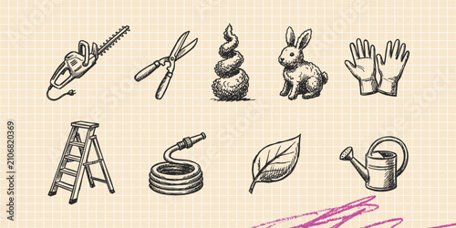 Hand drawn vintage black ink scribble doodle vector set of painting tools ladder and renovation icons for creative graphic design