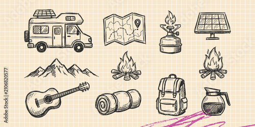 Hand drawn vintage black ink scribble doodle vector set of camping hiking backpack and outdoor icons for creative graphic design