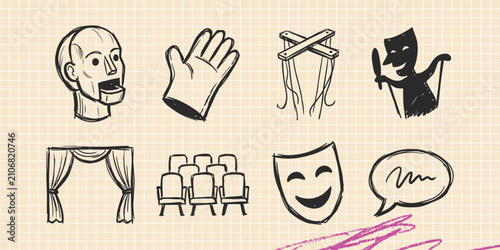 Hand drawn vintage black ink scribble doodle vector set of theatre drama masks and acting icons for creative graphic design