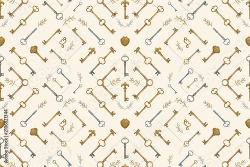 Seamless pattern featuring various antique skeleton keys, ornate vintage metal key and small decorative sprigs on a light beige background