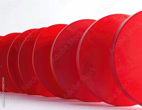 Red discs arranged in a sequential, receding line against white