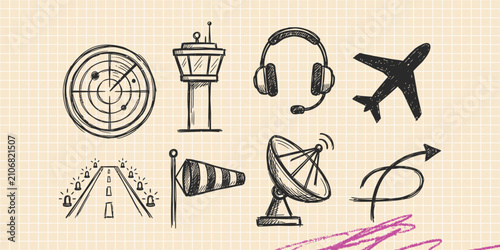 Hand drawn vintage black ink scribble doodle vector set of space satellite communication and astronomy icons for creative graphic design