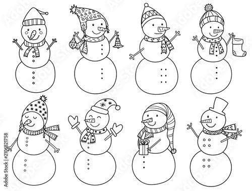 Cute doodle snowman set in black and white for coloring. Adorable winter characters in hats and scarves outline collection. Christmas vector illustration