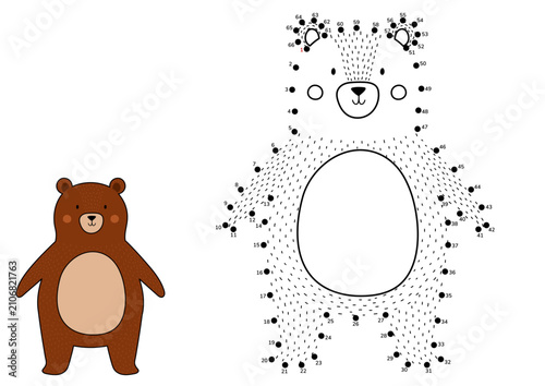 Dot to dot game for kids with adorable brown bear. Printable connect the dots activity worksheet for children and classroom. Vector illustration