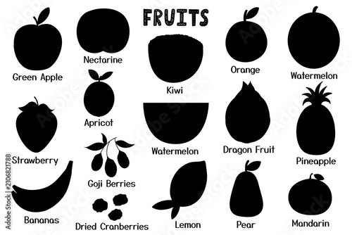 Fruit silhouettes set with names apple, banana, pineapple, kiwi and more. Fruits shadows collection for educational flashcards and kids learning. Vector illustration