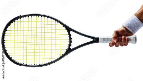 Foto Isolated hand holding a tennis racket with vibrant yellow strings ready for play