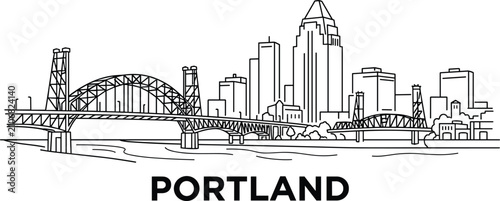 Portland Oregon Skyline Line Art with Bridges and Downtown Cityscape Vector Illustration