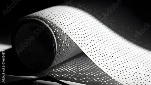 Abstract Monochrome Macro Photography Featuring a Rolled Sheet of Perforated Material Creating Intricate Light and Shadow Patterns