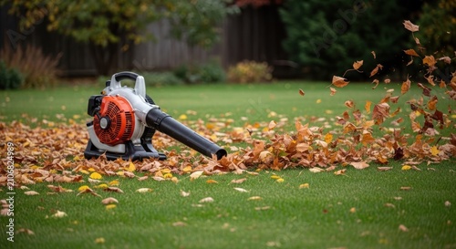 Leaf Blower Clearing Autumn Leaves from Grassy Lawn in Garden.