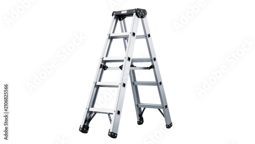 Isolated modern aluminum folding stepladder, essential for home improvement and construction safety.