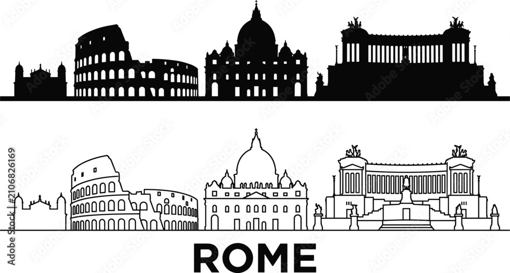 Naklejka premium Rome Italy Landmark Silhouette and Line Art Skyline Collection with Historic Architecture